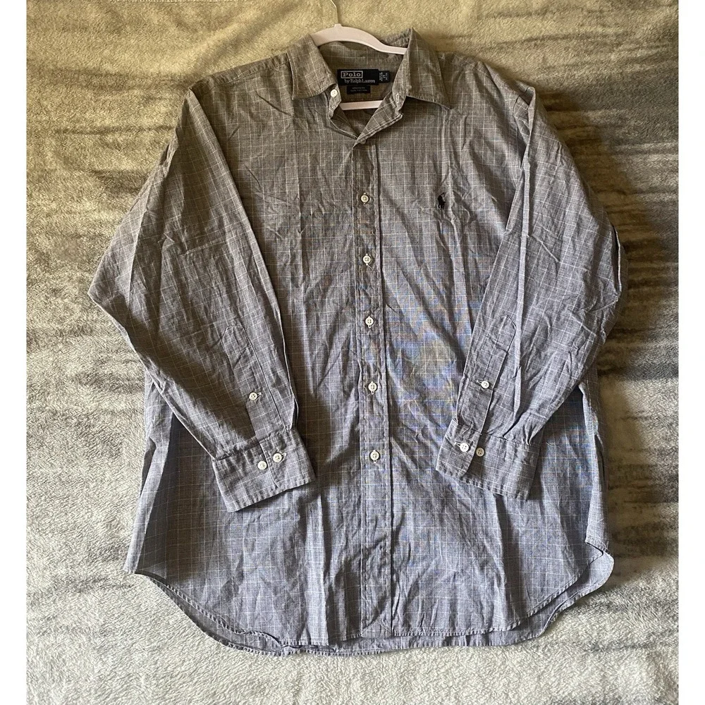 Polo Ralph Lauren Andrew Shirt Mens 17 32/33 Grey White Plaid Cotton Button Down